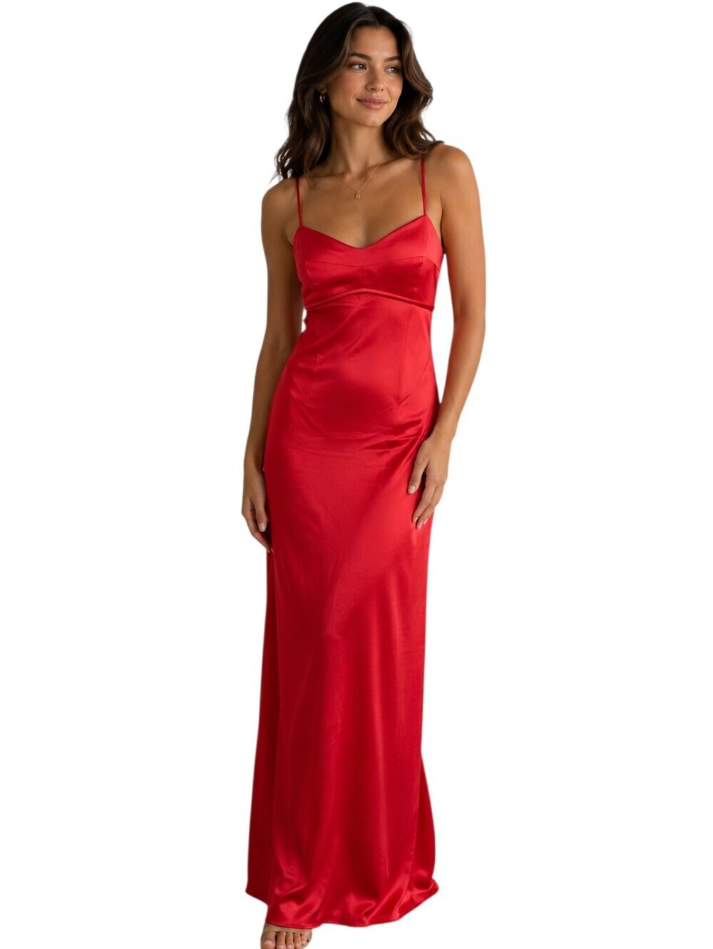 WAYF Satin Sweatheart Empire Waist Slip Maxt Dress In Vibrant Red. Size SM NWT